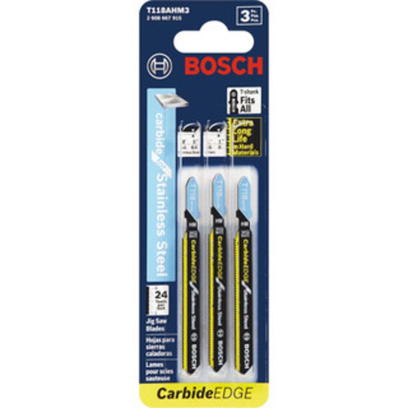 Bosch Jigsaw Blade: Bi-Metal, 24 TPI, 0.04 Blade Thickness, 0.37 Blade Width T-Shank, Toothed Cutting Edge T118AHM3 – 77329977