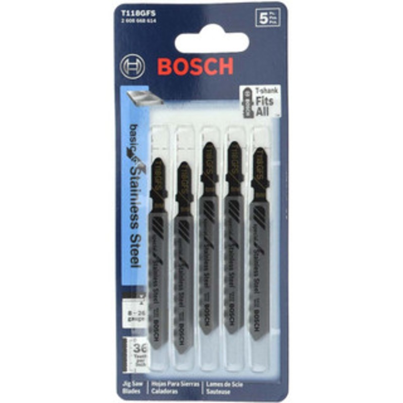 Bosch Jigsaw Blade: High Speed Steel, 36 TPI, 0.04 Blade Thickness, 0.3 Blade Width T-Shank, Toothed Cutting Edge T118GFS – 61195483