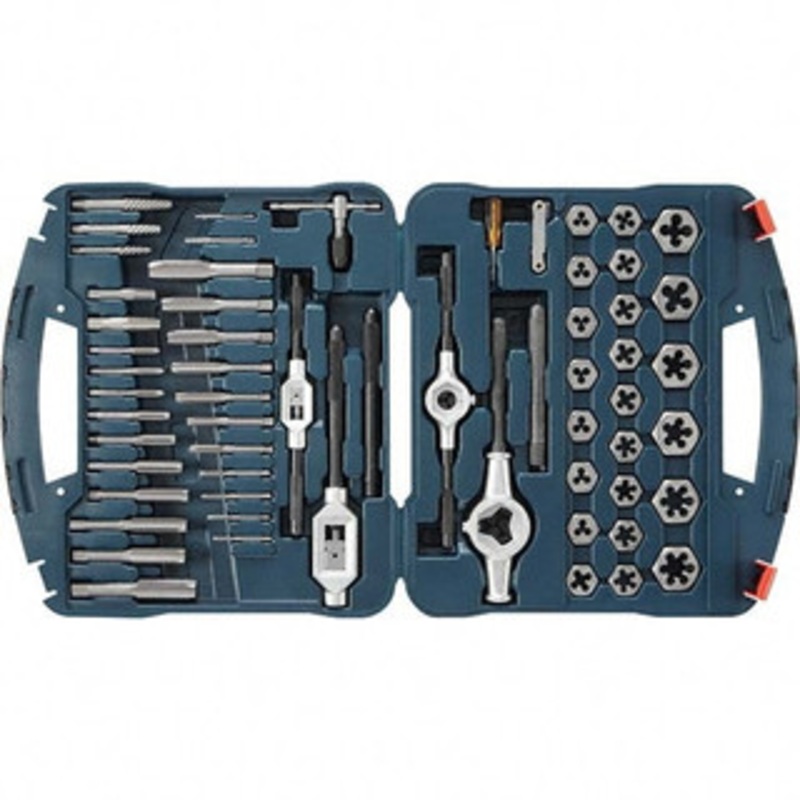Bosch Tap & Die Set: 6-32 to 1/4-18 Taps, 6-32 to 3/4-16 Dies, Metric Carbon Steel, 1 Hex Dies, Plug, 58 Pc BTD58S – 20061727