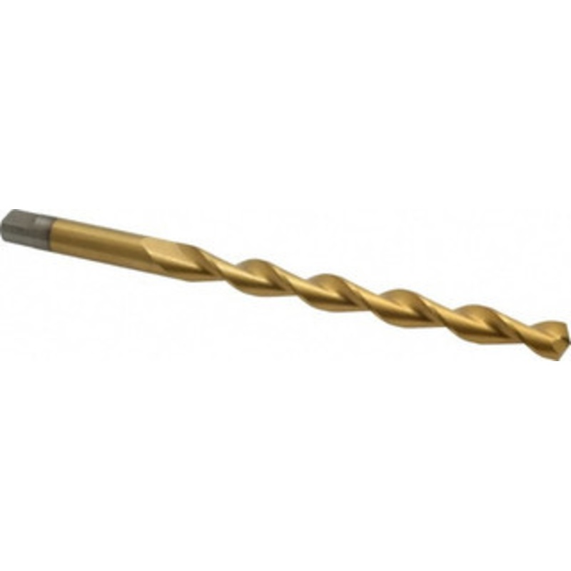 Chicago-Latrobe 1/2 135 Parabolic Flute High Speed Steel Taper Length Drill Bit TiN Finish, 5-3/4 Flute Length, 7-3/4 OAL, Split Point, Tanged Shank, Series 120DHT 55264 – 80908320