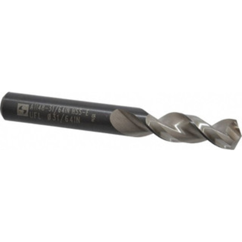 Walter Titex 31/64 130 Parabolic Flute Vanadium High Speed Steel Screw Machine Drill Bit Bright Finish, Right Hand Cut, 2 Flute Length, 4-1/32 OAL, Split Point, Straight Shank 5057189 – 01420314