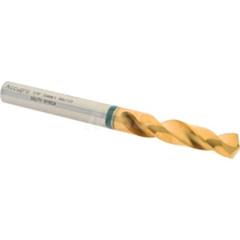 Accupro 1/4 130 Spiral Flute Cobalt Screw Machine Drill Bit TiN Finish, Right Hand Cut, 31mm Flute Length, 70mm OAL, Split Point, Straight Shank 1GB0634-AC – 56514516