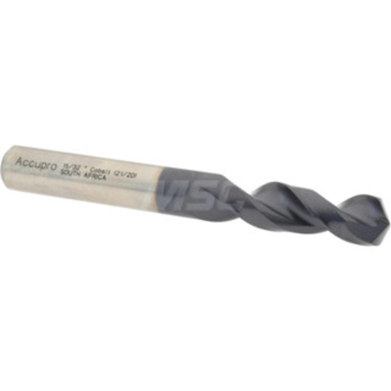 Accupro 15/32 130 Parabolic Flute Cobalt Screw Machine Drill Bit TiAlN Finish, Right Hand Cut, 2.008 Flute Length, 4.016 OAL, Split Point, Straight Shank 1631191A-AC – 01349901