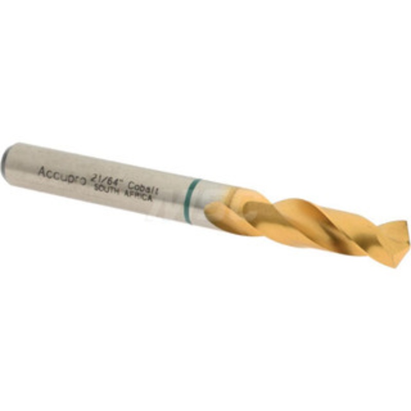 Accupro 21/64 130 Spiral Flute Cobalt Screw Machine Drill Bit TiN Finish, Right Hand Cut, 37mm Flute Length, 79mm OAL, Split Point, Straight Shank 1GB0833-AC – 56514748