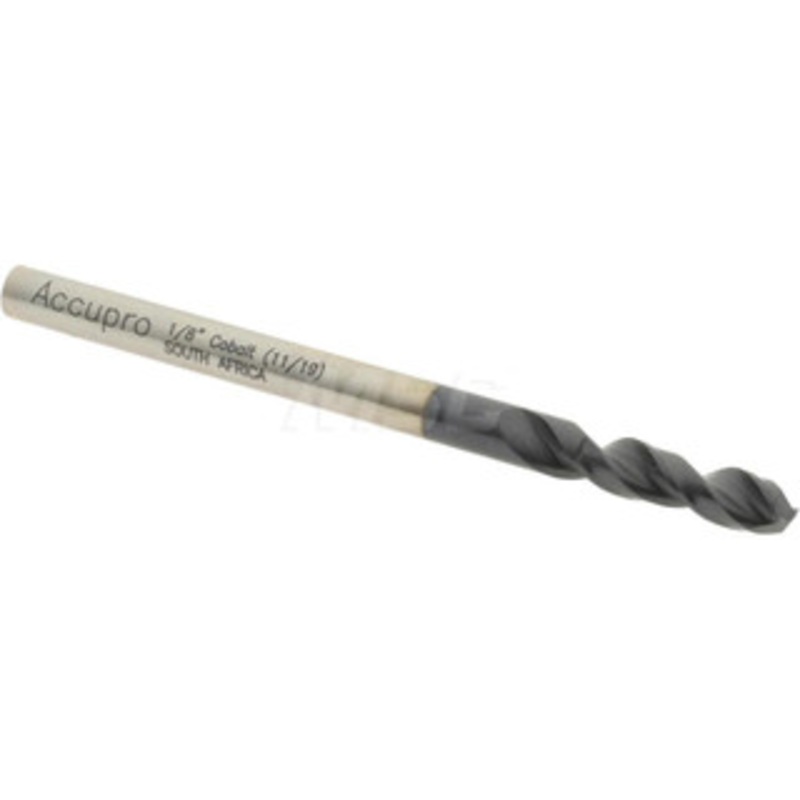 Accupro 1/8 130 Parabolic Flute Cobalt Screw Machine Drill Bit TiAlN Finish, Right Hand Cut, 16mm Flute Length, 46mm OAL, Split Point, Straight Shank 1630318A-AC – 01348564