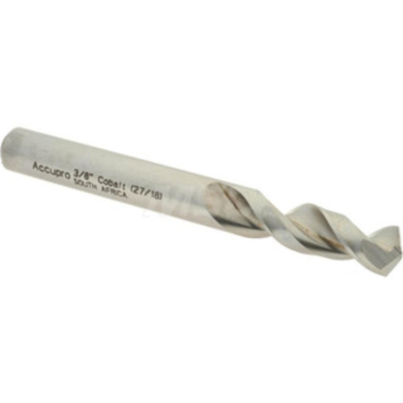 Accupro 3/8 130 Parabolic Flute Cobalt Screw Machine Drill Bit Bright Finish, Right Hand Cut, 1.693 Flute Length, 3.504 OAL, Split Point, Straight Shank 1630953-AC – 01332832