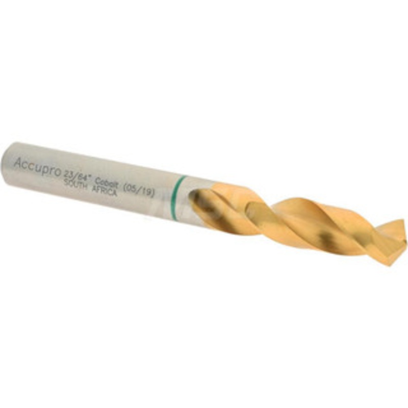 Accupro 23/64 130 Spiral Flute Cobalt Screw Machine Drill Bit TiN Finish, Right Hand Cut, 40mm Flute Length, 84mm OAL, Split Point, Straight Shank 1GB0913-AC – 56514821