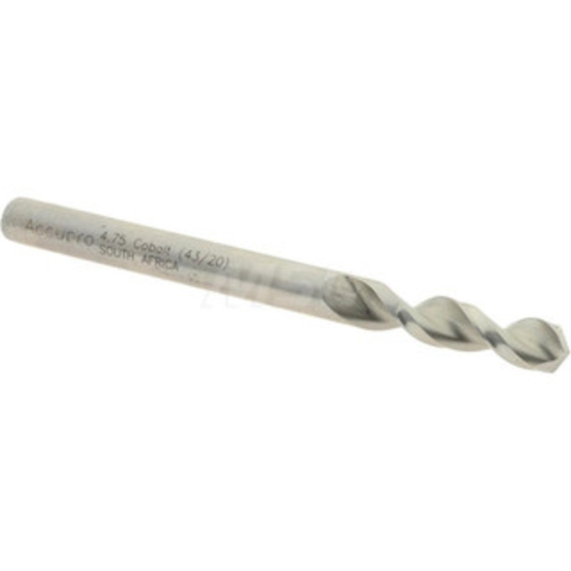Accupro 0.187 130 Parabolic Flute Cobalt Screw Machine Drill Bit Bright Finish, Right Hand Cut, 0.945 Flute Length, 2.283 OAL, Split Point, Straight Shank 1630475-AC – 01332030
