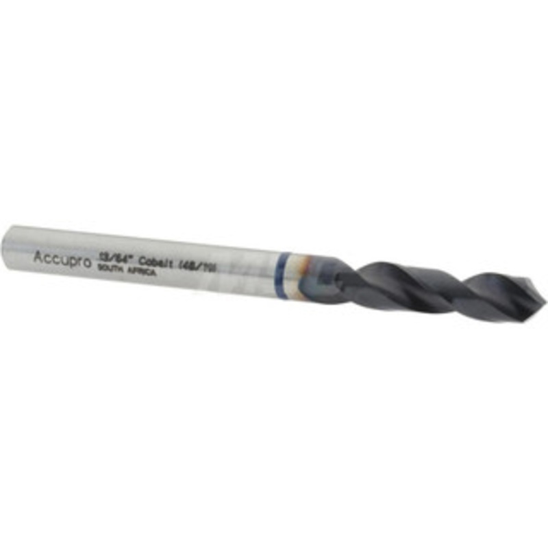 Accupro 13/64 120 Spiral Flute Cobalt Screw Machine Drill Bit TiAlN Finish, Right Hand Cut, 26mm Flute Length, 62mm OAL, Faceted Point, Straight Shank 1BS0516-AC – 05493705