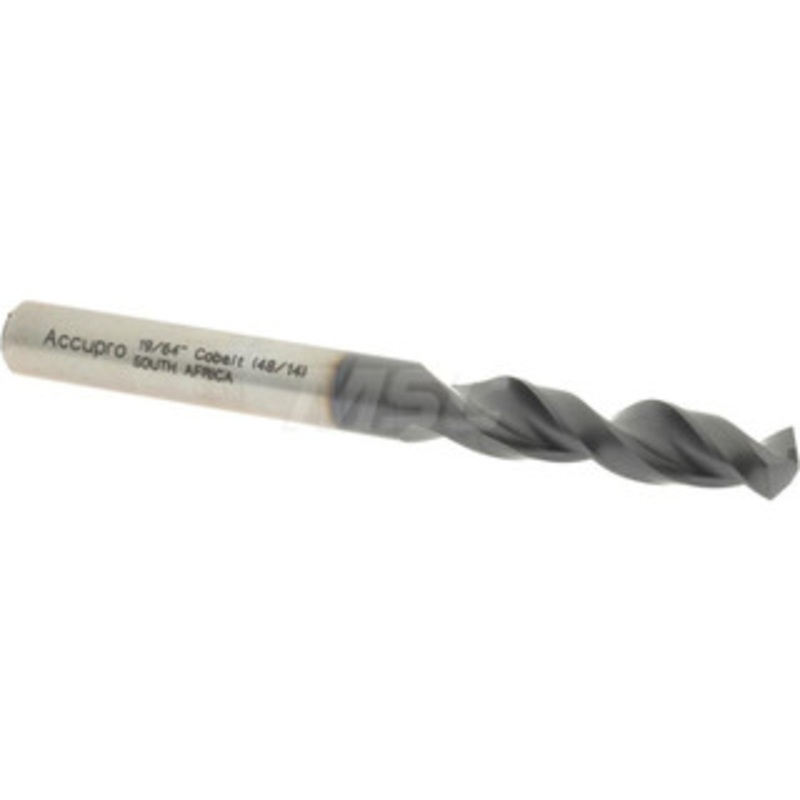 Accupro 19/64 130 Parabolic Flute Cobalt Screw Machine Drill Bit TiAlN Finish, Right Hand Cut, 1.457 Flute Length, 3.11 OAL, Split Point, Straight Shank 1630754A-AC – 01349505