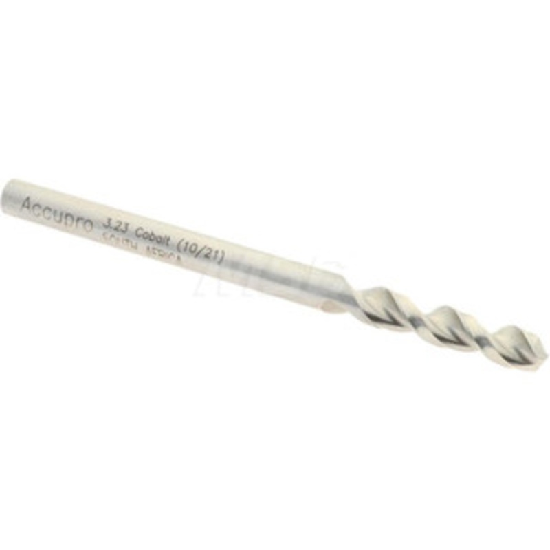 Accupro 3.23mm 130 Parabolic Flute Cobalt Screw Machine Drill Bit Bright Finish, Right Hand Cut, 18mm Flute Length, 49mm OAL, Split Point, Straight Shank 1630323-AC – 01331677