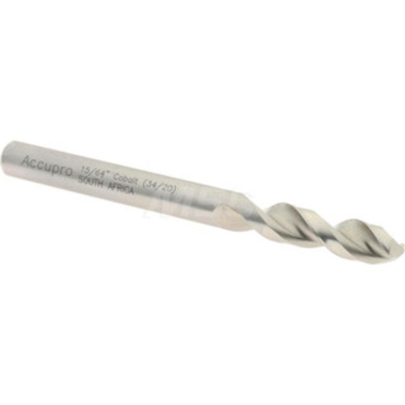 Accupro 15/64 130 Parabolic Flute Cobalt Screw Machine Drill Bit Bright Finish, Right Hand Cut, 1.102 Flute Length, 2.598 OAL, Split Point, Straight Shank 1630595-AC – 01332303