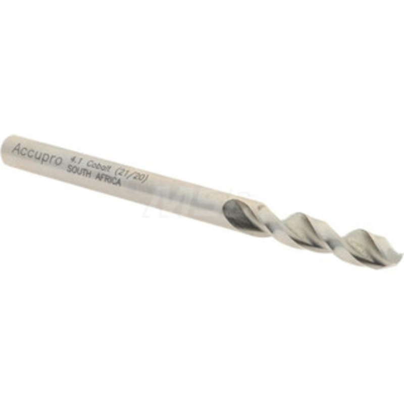 Accupro 4.1mm 130 Parabolic Flute Cobalt Screw Machine Drill Bit Bright Finish, Right Hand Cut, 22mm Flute Length, 55mm OAL, Split Point, Straight Shank 1630410-AC – 01331891