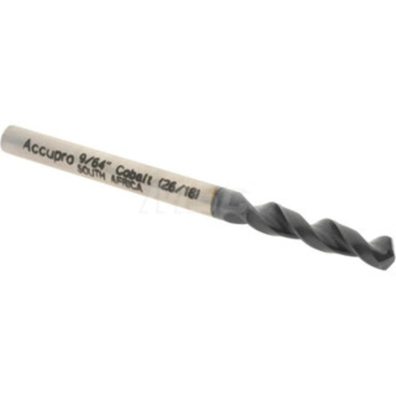 Accupro 9/64 130 Parabolic Flute Cobalt Screw Machine Drill Bit TiAlN Finish, Right Hand Cut, 0.787 Flute Length, 2.047 OAL, Split Point, Straight Shank 1630357A-AC – 01348671