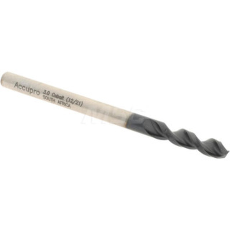 Accupro 0.1181 130 Parabolic Flute Cobalt Screw Machine Drill Bit TiAlN Finish, Right Hand Cut, 0.63 Flute Length, 1.811 OAL, Split Point, Straight Shank 1630300A-AC – 01348523