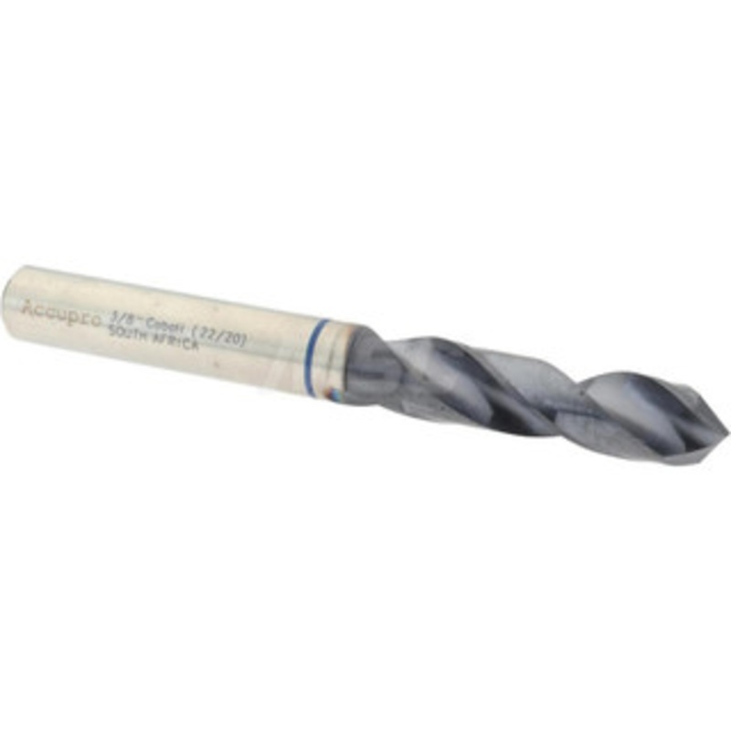 Accupro 3/8 120 Spiral Flute Cobalt Screw Machine Drill Bit TiAlN Finish, Right Hand Cut, 43mm Flute Length, 89mm OAL, Faceted Point, Straight Shank 1BS0953-AC – 05494190