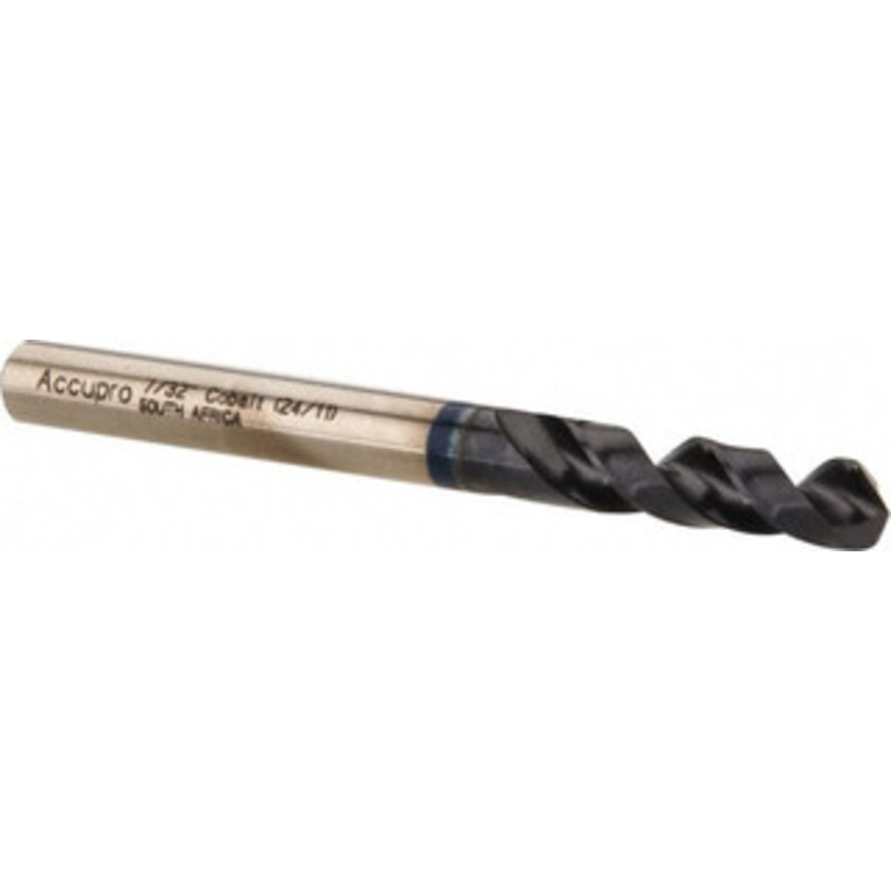 Accupro 7/32 120 Spiral Flute Cobalt Screw Machine Drill Bit TiAlN Finish, Right Hand Cut, 28mm Flute Length, 66mm OAL, Faceted Point, Straight Shank 1BS0556-AC – 05493762
