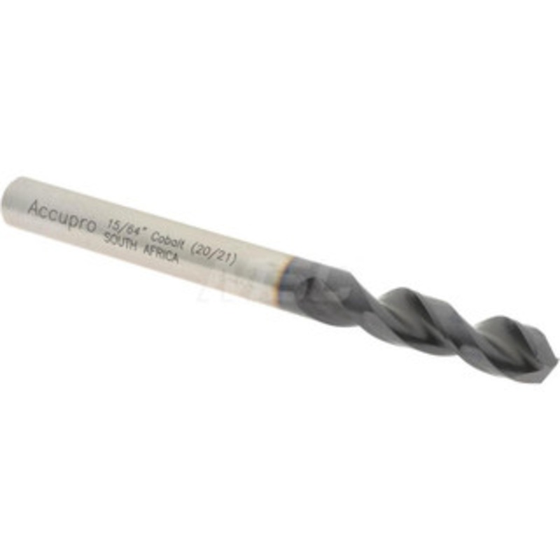 Accupro 15/64 130 Parabolic Flute Cobalt Screw Machine Drill Bit TiAlN Finish, Right Hand Cut, 1.102 Flute Length, 2.598 OAL, Split Point, Straight Shank 1630595A-AC – 01349224