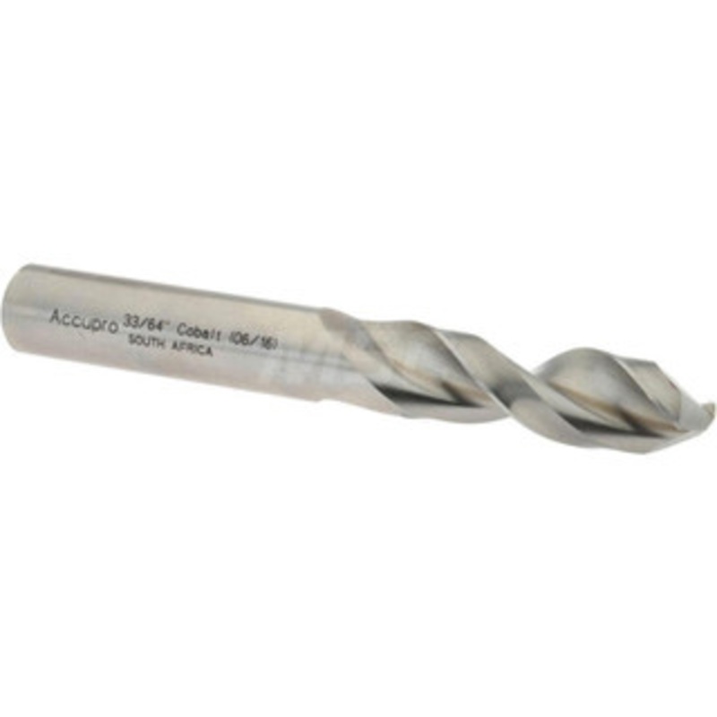 Accupro 33/64 130 Parabolic Flute Cobalt Screw Machine Drill Bit Bright Finish, Right Hand Cut, 2.008 Flute Length, 4.016 OAL, Split Point, Straight Shank 1631310-AC – 01333046