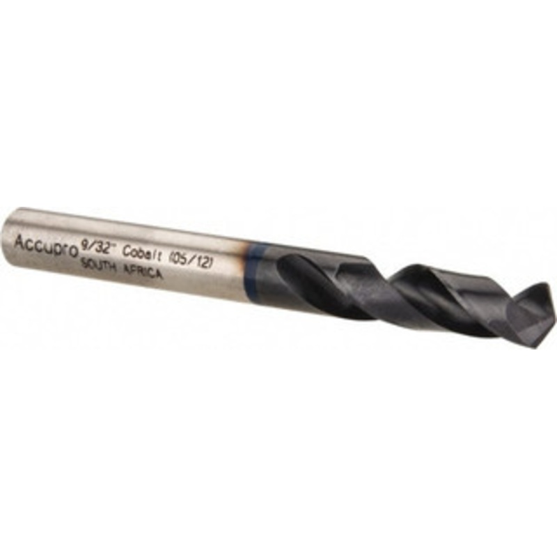 Accupro 9/32 120 Spiral Flute Cobalt Screw Machine Drill Bit TiAlN Finish, Right Hand Cut, 34mm Flute Length, 74mm OAL, Faceted Point, Straight Shank 1BS0714-AC – 05493978