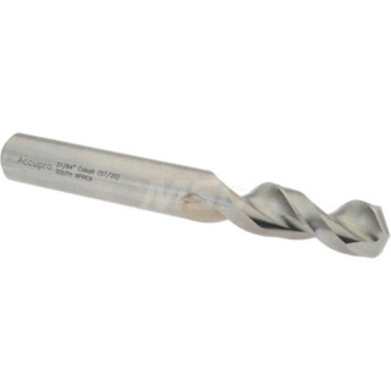 Accupro 31/64 130 Parabolic Flute Cobalt Screw Machine Drill Bit Bright Finish, Right Hand Cut, 2.008 Flute Length, 4.016 OAL, Split Point, Straight Shank 1631229-AC – 01333004