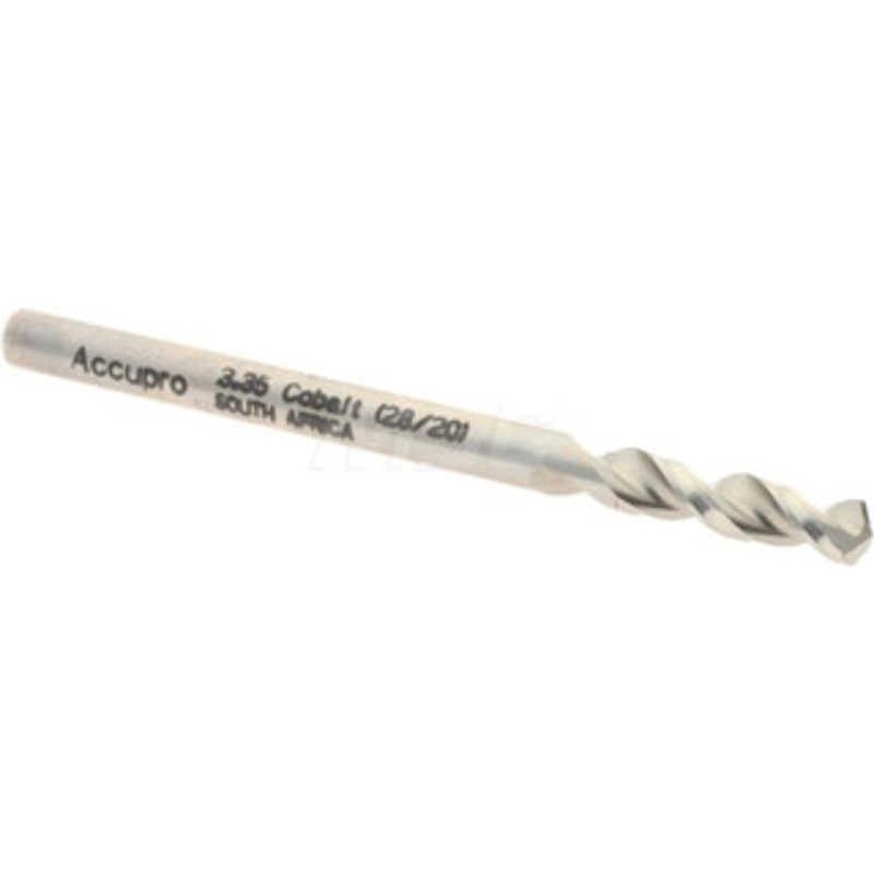 Accupro 0.1319 130 Parabolic Flute Cobalt Screw Machine Drill Bit Bright Finish, Right Hand Cut, 0.709 Flute Length, 1.929 OAL, Split Point, Straight Shank 1630335-AC – 01331719